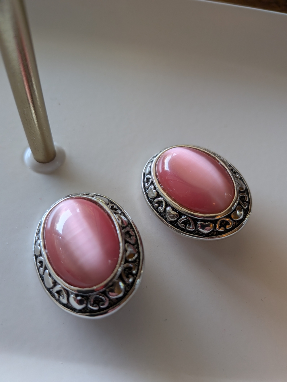 Pink Oval Silver-Tone Clip-on Earrings